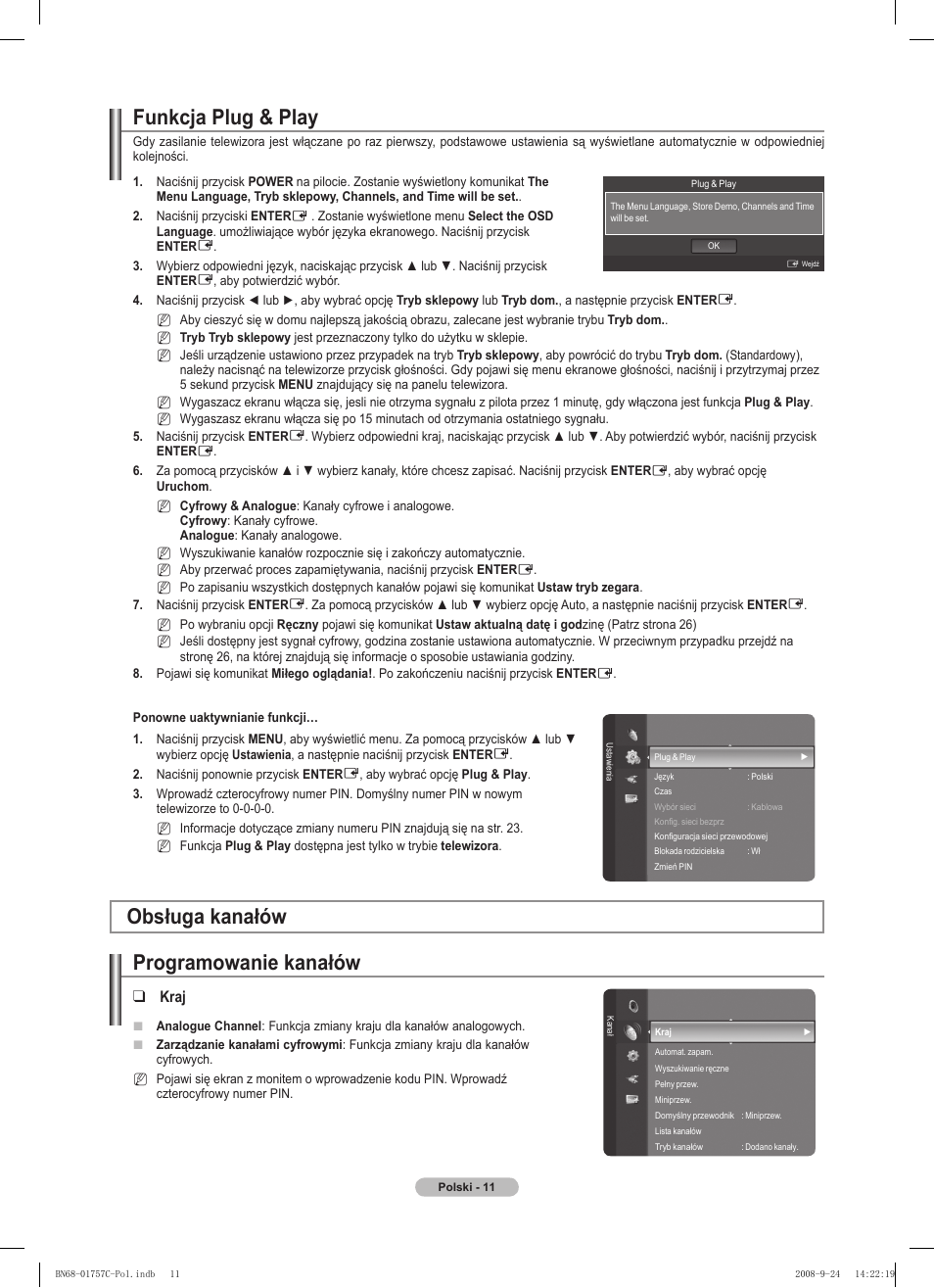 Funkcja plug & play, Obsługa kanałów programowanie kanałów, Kraj | Samsung PS50A756T1M User Manual | Page 136 / 503