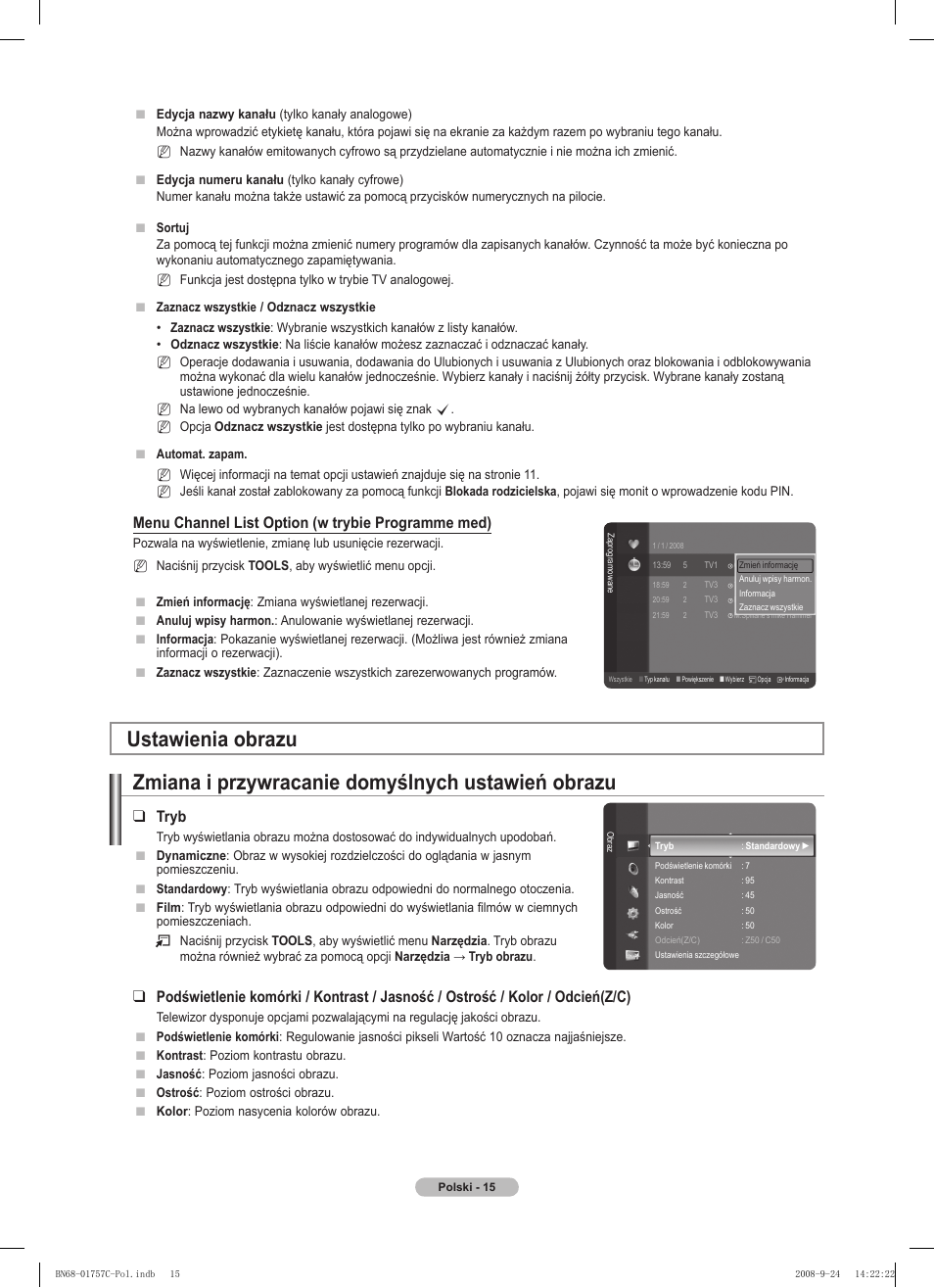 Menu channel list option (w trybie programme med), Tryb | Samsung PS50A756T1M User Manual | Page 140 / 503