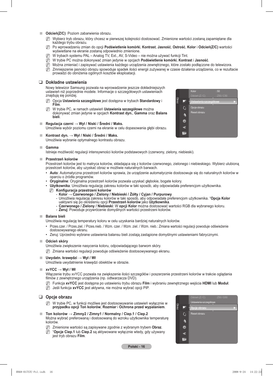 Dokładne ustawienia, Opcje obrazu | Samsung PS50A756T1M User Manual | Page 141 / 503