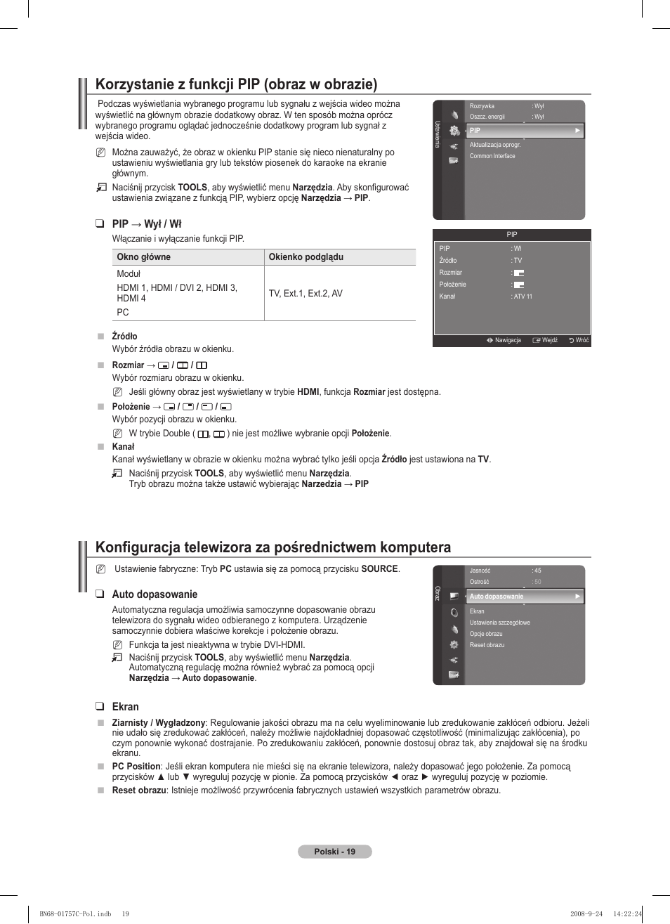 Korzystanie z funkcji pip (obraz w obrazie), Konfiguracja telewizora za pośrednictwem komputera, Pip → wył / wł | Auto dopasowanie, Ekran | Samsung PS50A756T1M User Manual | Page 144 / 503