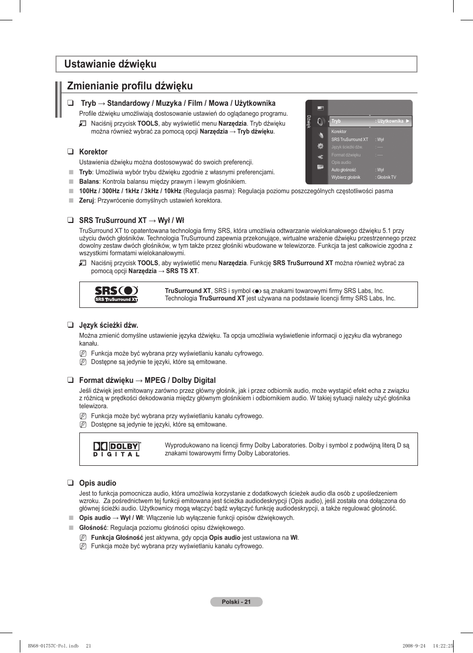 Ustawianie dźwięku zmienianie profilu dźwięku | Samsung PS50A756T1M User Manual | Page 146 / 503