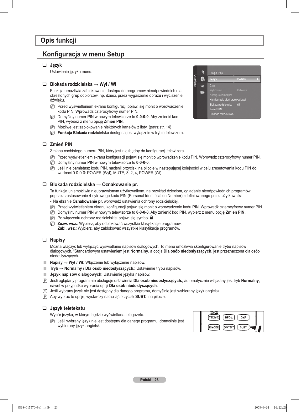 Konfiguracja w menu setup, Opis funkcji | Samsung PS50A756T1M User Manual | Page 148 / 503