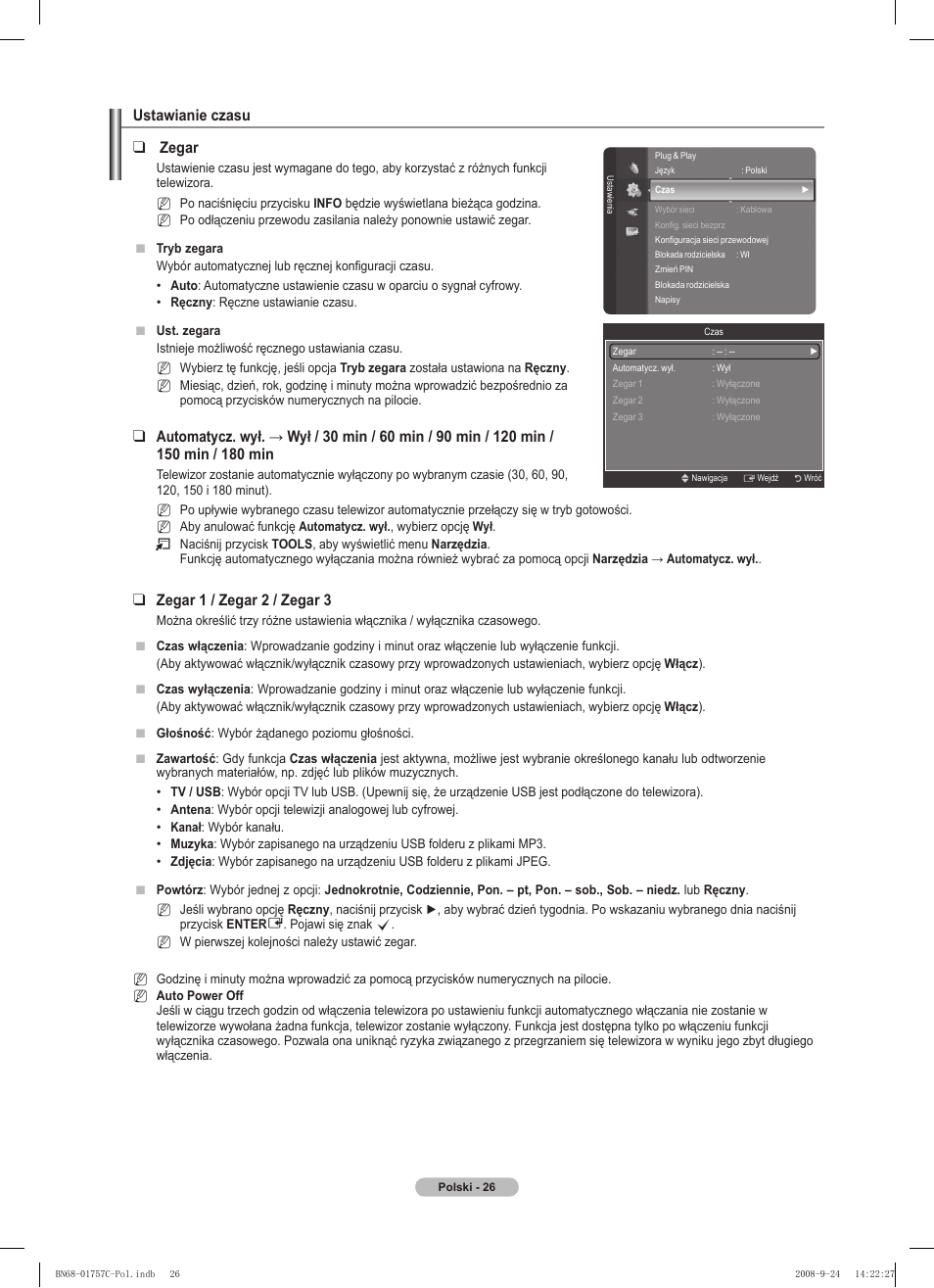 Ustawianie czasu, Zegar, Zegar 1 / zegar 2 / zegar 3 | Samsung PS50A756T1M User Manual | Page 151 / 503