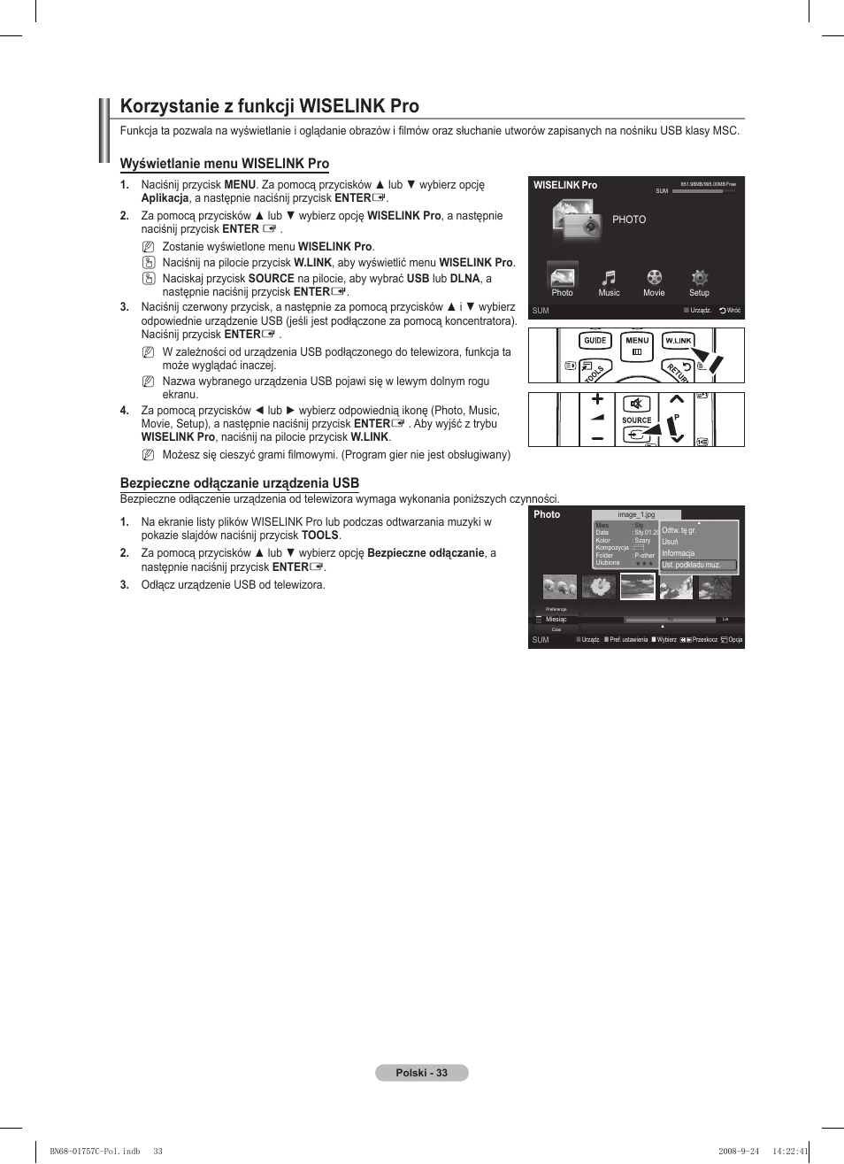 Korzystanie z funkcji wiselink pro, Wyświetlanie menu wiselink pro, Bezpieczne odłączanie urządzenia usb | Samsung PS50A756T1M User Manual | Page 158 / 503