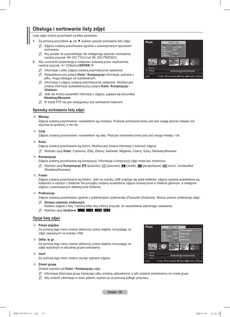 Obsługa i sortowanie listy zdjęć, Sposoby sortowania listy zdjęć, Opcje listy zdjęć | Samsung PS50A756T1M User Manual | Page 160 / 503