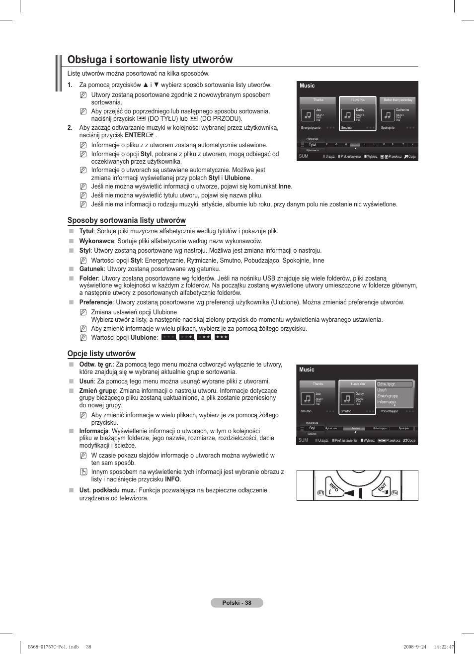 Obsługa i sortowanie listy utworów, Sposoby sortowania listy utworów, Opcje listy utworów | Do tyłu) lub, Nn n | Samsung PS50A756T1M User Manual | Page 163 / 503