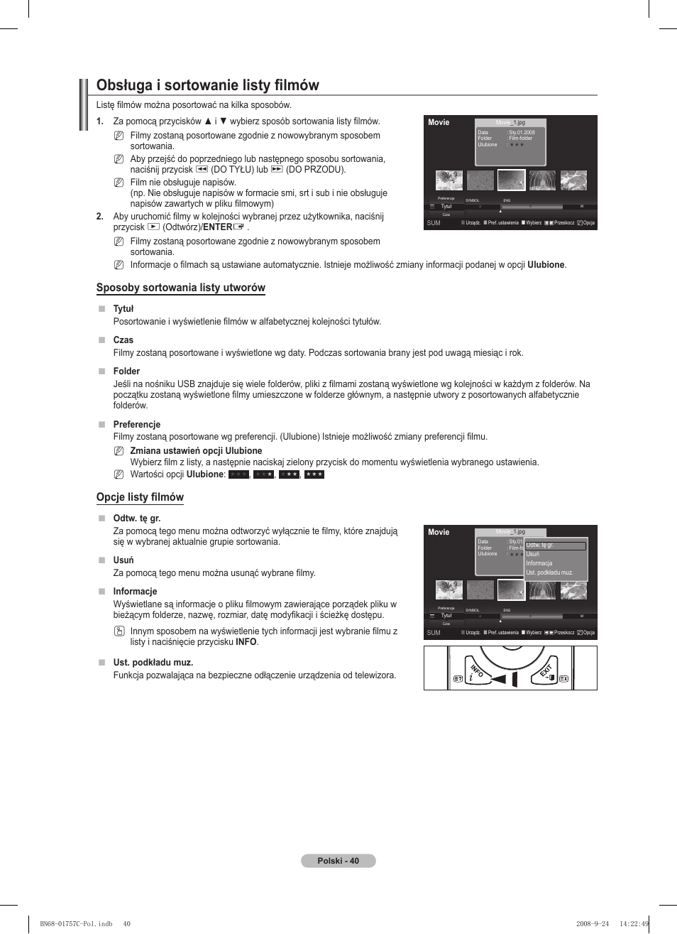 Obsługa i sortowanie listy filmów, Sposoby sortowania listy utworów, Opcje listy filmów | Samsung PS50A756T1M User Manual | Page 165 / 503
