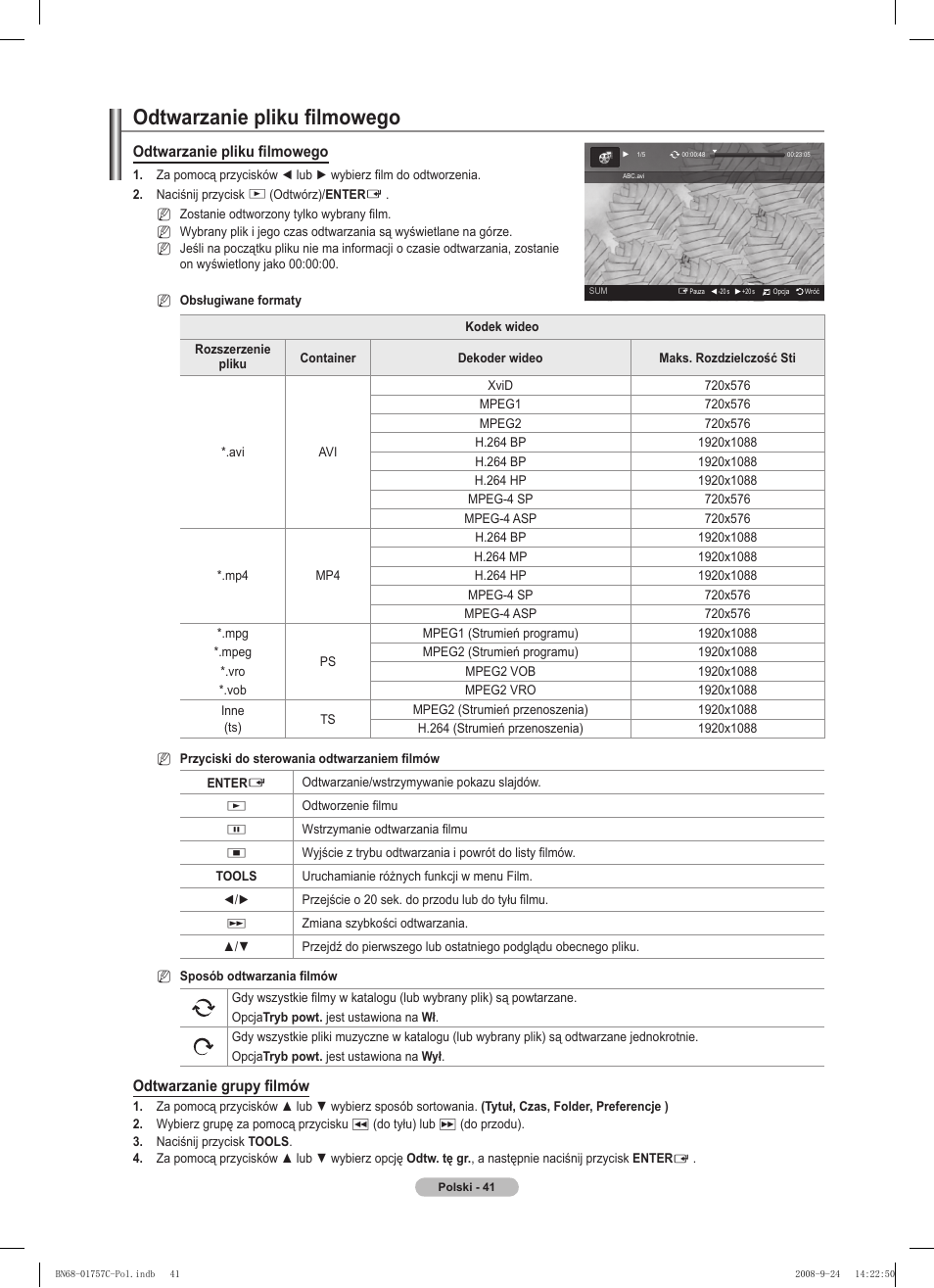 Odtwarzanie pliku fi lmowego, Odtwarzanie grupy fi lmów | Samsung PS50A756T1M User Manual | Page 166 / 503