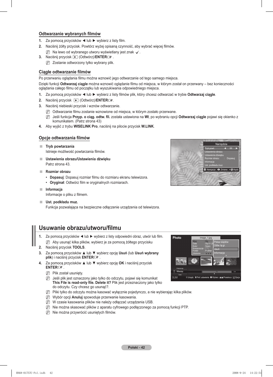 Usuwanie obrazu/utworu/filmu, Odtwarzanie wybranych filmów, Ciągłe odtwarzanie filmów | Opcje odtwarzania filmów | Samsung PS50A756T1M User Manual | Page 167 / 503