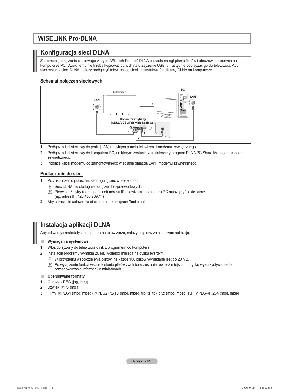 Wiselink pro-dlna konfiguracja sieci dlna, Instalacja aplikacji dlna | Samsung PS50A756T1M User Manual | Page 169 / 503