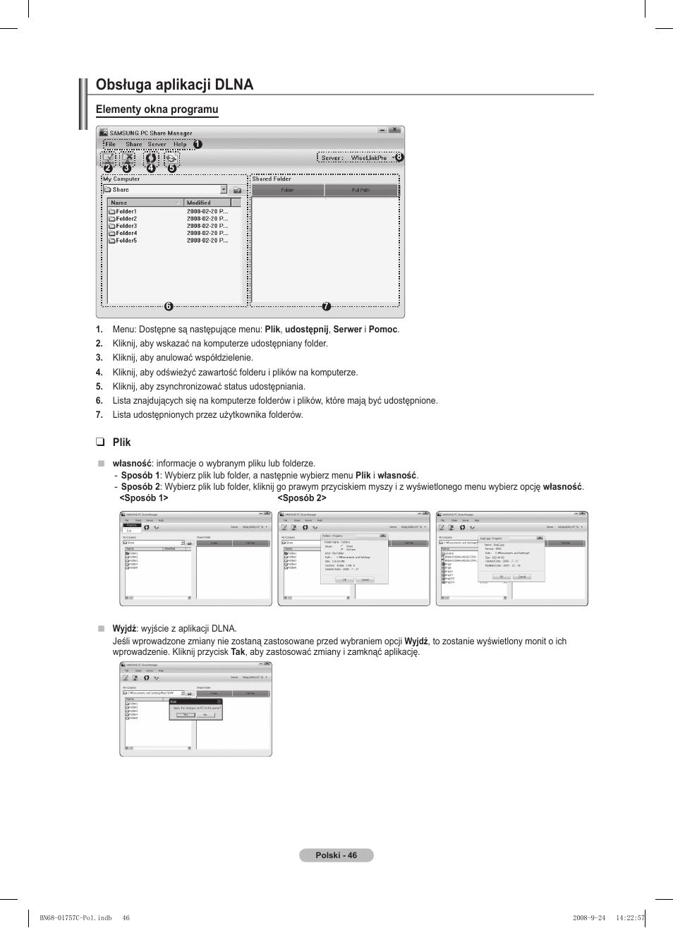 Obsługa aplikacji dlna, Elementy okna programu, Plik | Samsung PS50A756T1M User Manual | Page 171 / 503