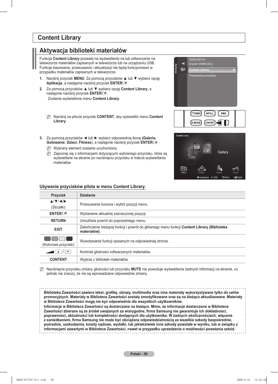 Aktywacja biblioteki materiałów, Content library, Używanie przycisków pilota w menu content library | Samsung PS50A756T1M User Manual | Page 175 / 503