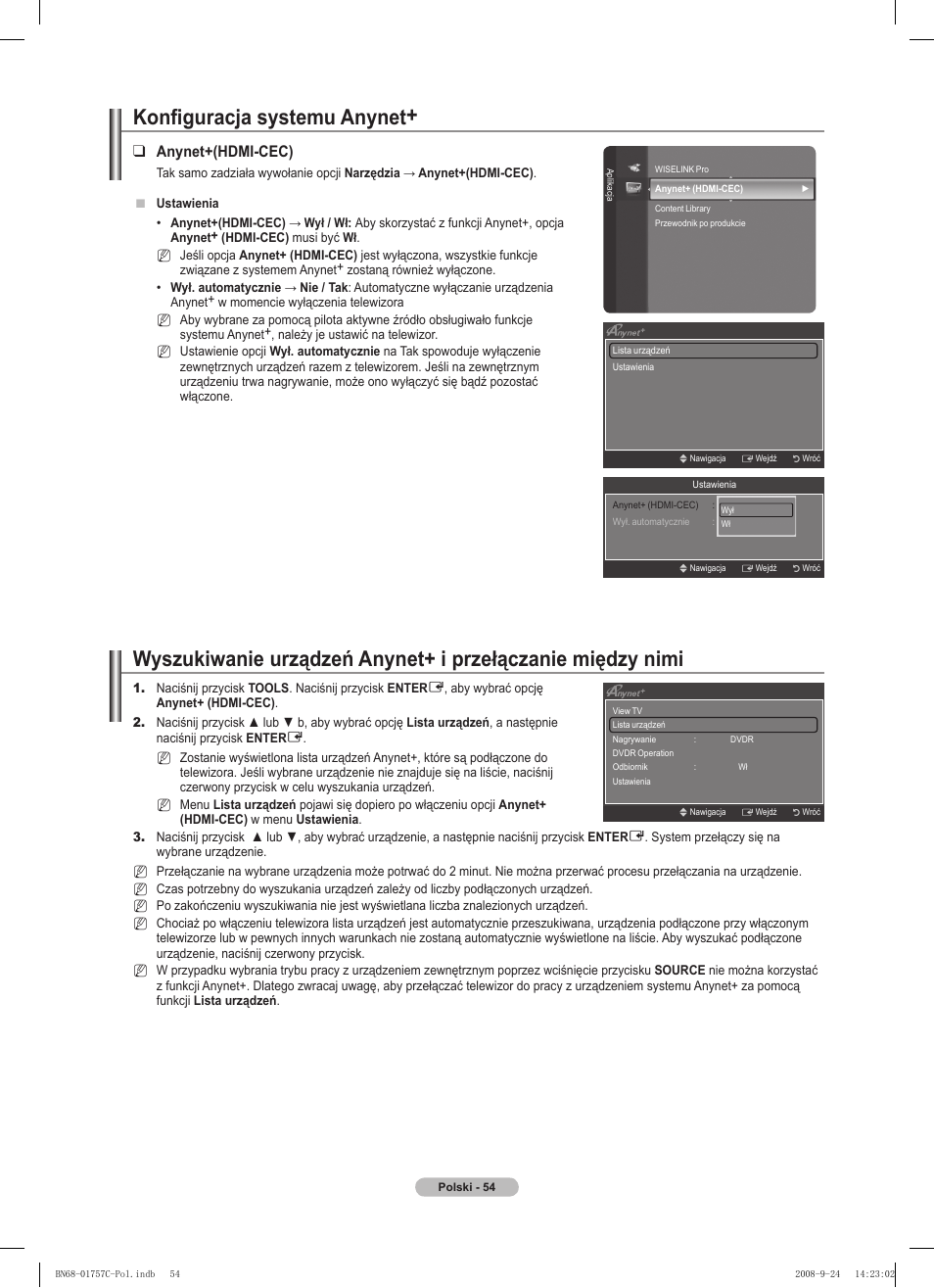 Konfiguracja systemu anynet, Anynet+(hdmi-cec) | Samsung PS50A756T1M User Manual | Page 179 / 503