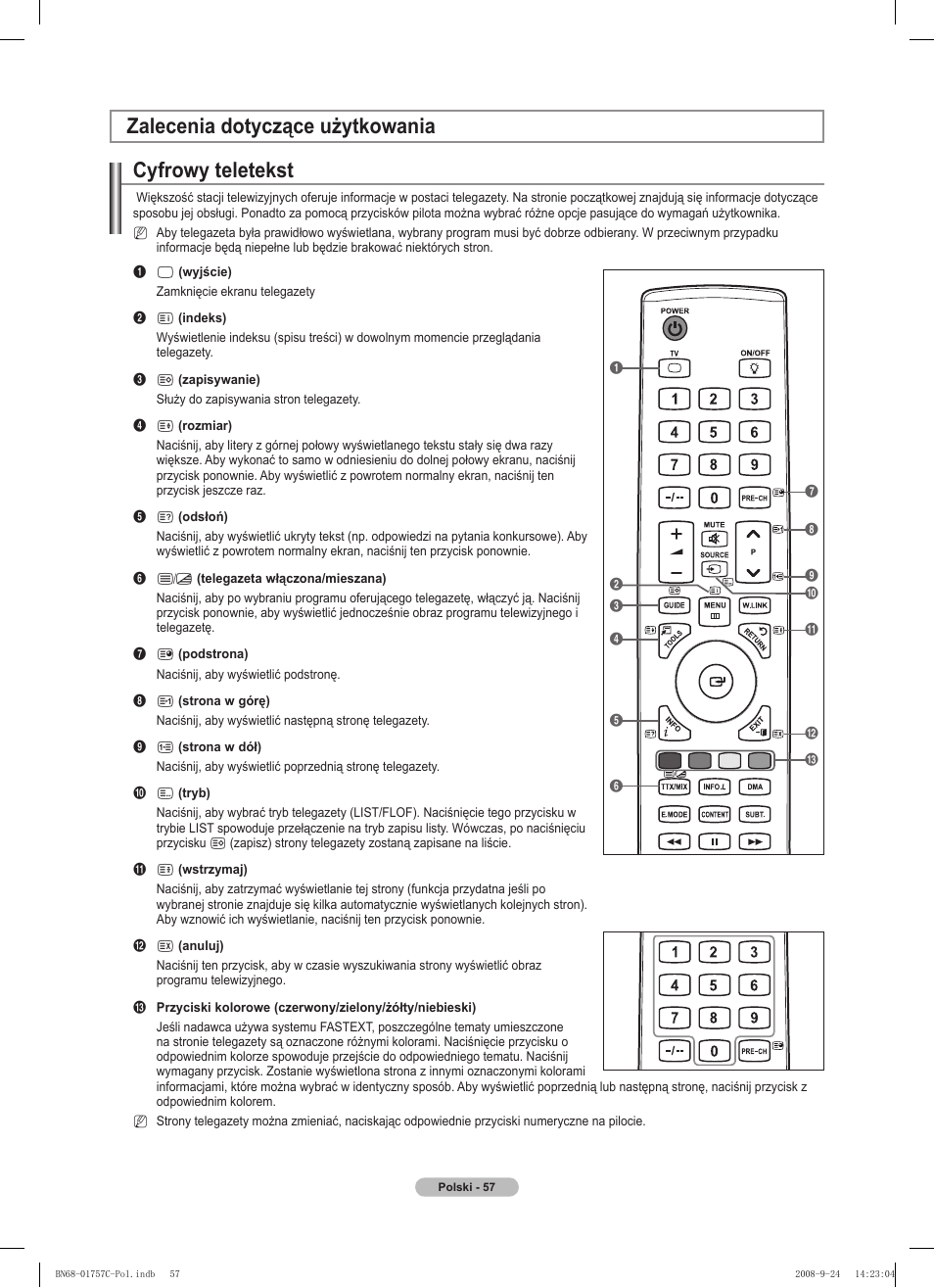 Zalecenia dotyczące użytkowania cyfrowy teletekst | Samsung PS50A756T1M User Manual | Page 182 / 503