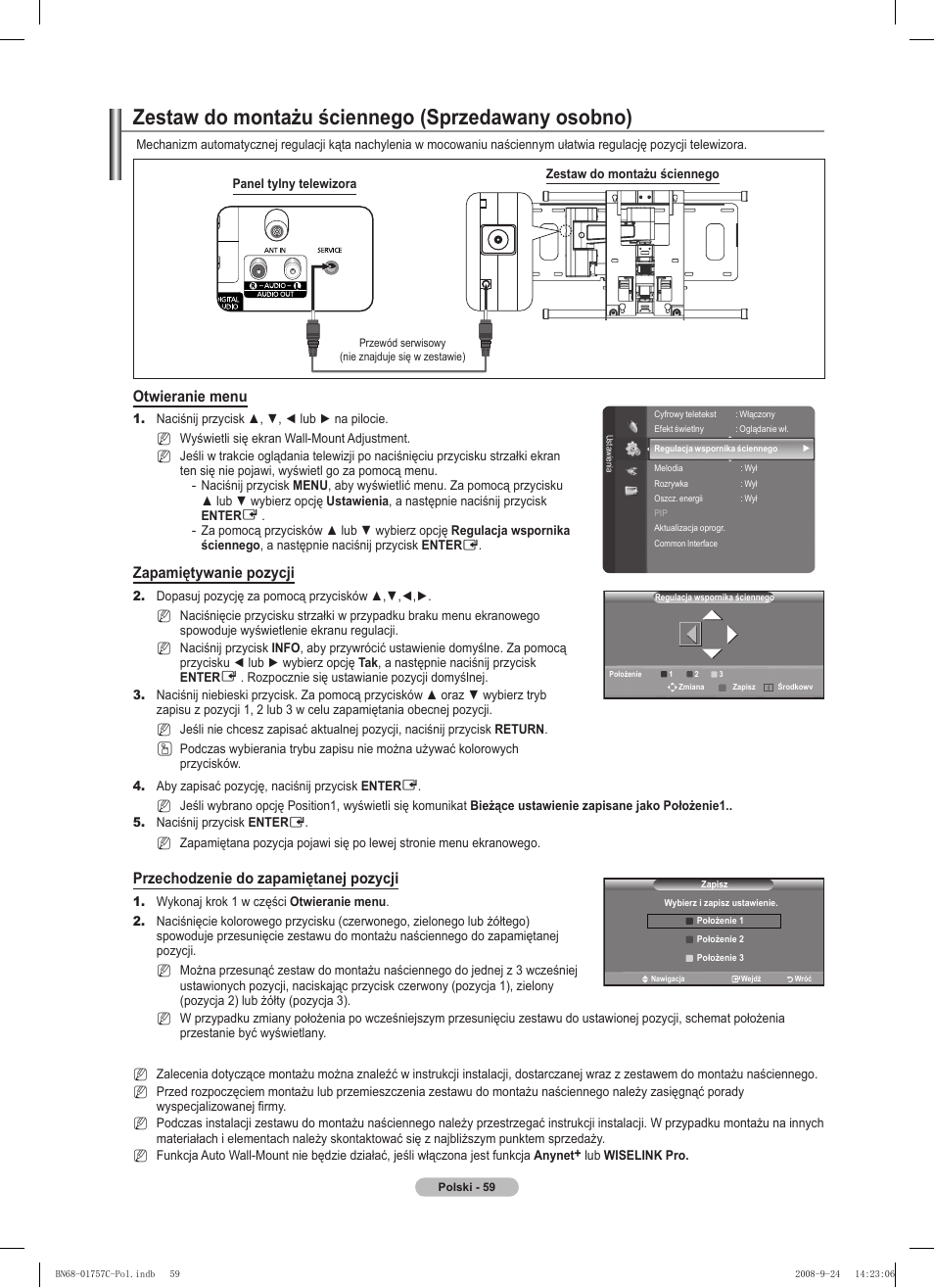 Zestaw do montażu ściennego (sprzedawany osobno), Otwieranie menu, Zapamiętywanie pozycji | Przechodzenie do zapamiętanej pozycji | Samsung PS50A756T1M User Manual | Page 184 / 503