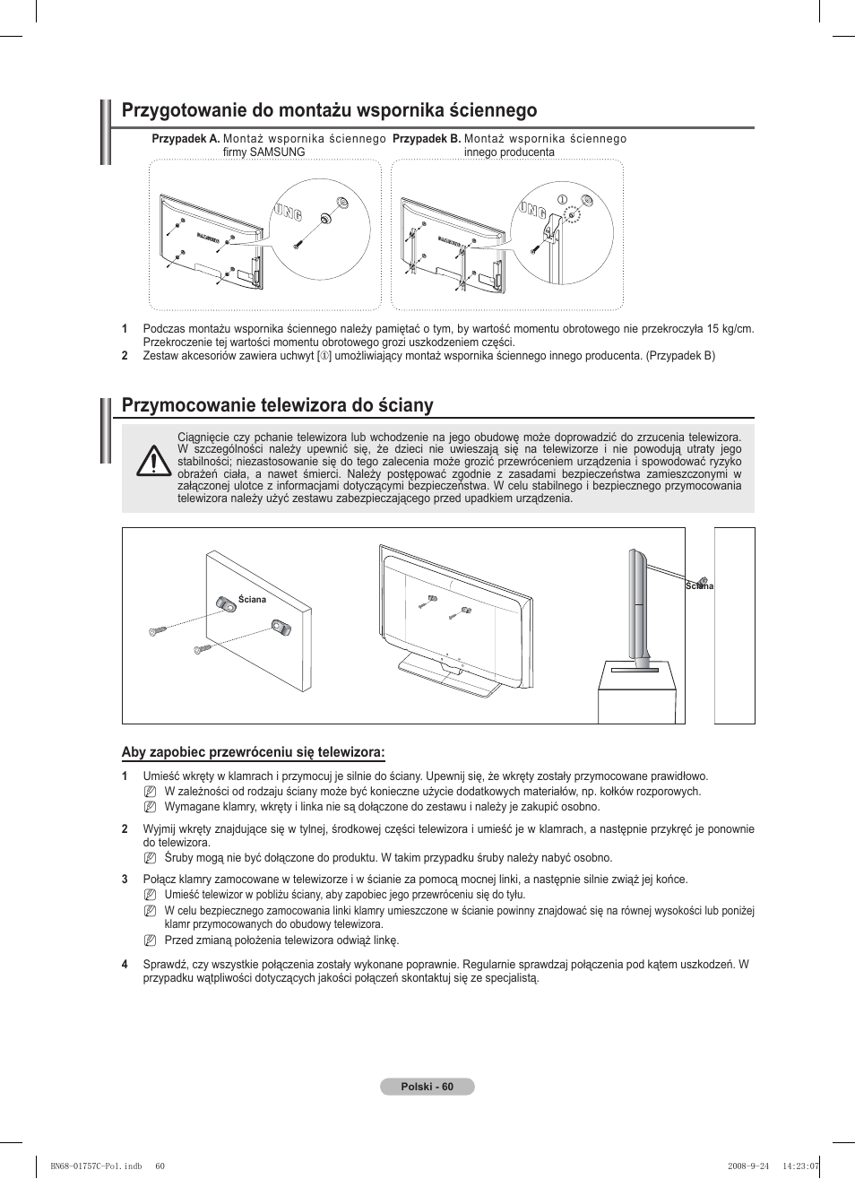 경고 주의 경고 주의, Przymocowanie telewizora do ściany, Przygotowanie do montażu wspornika ściennego | Samsung PS50A756T1M User Manual | Page 185 / 503