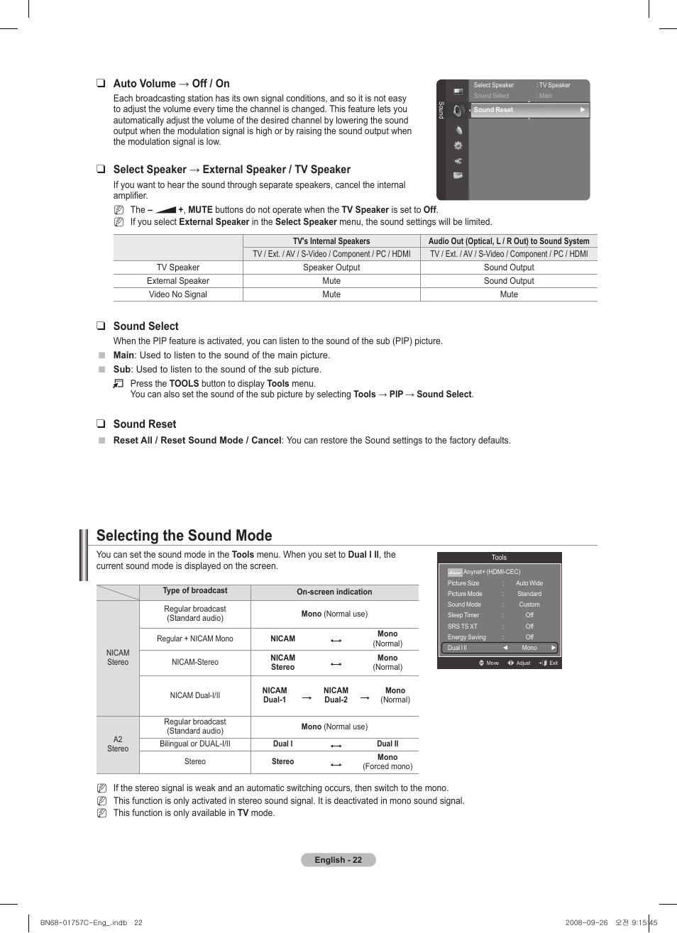 Selecting the sound mode, Auto volume → off / on, Select speaker → external speaker / tv speaker | Sound select, Sound reset | Samsung PS50A756T1M User Manual | Page 22 / 503