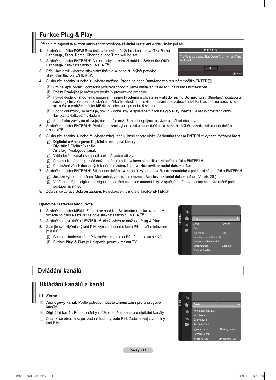 Funkce plug & play, Ovládání kanálů ukládání kanálů a kanál, Země | Samsung PS50A756T1M User Manual | Page 327 / 503