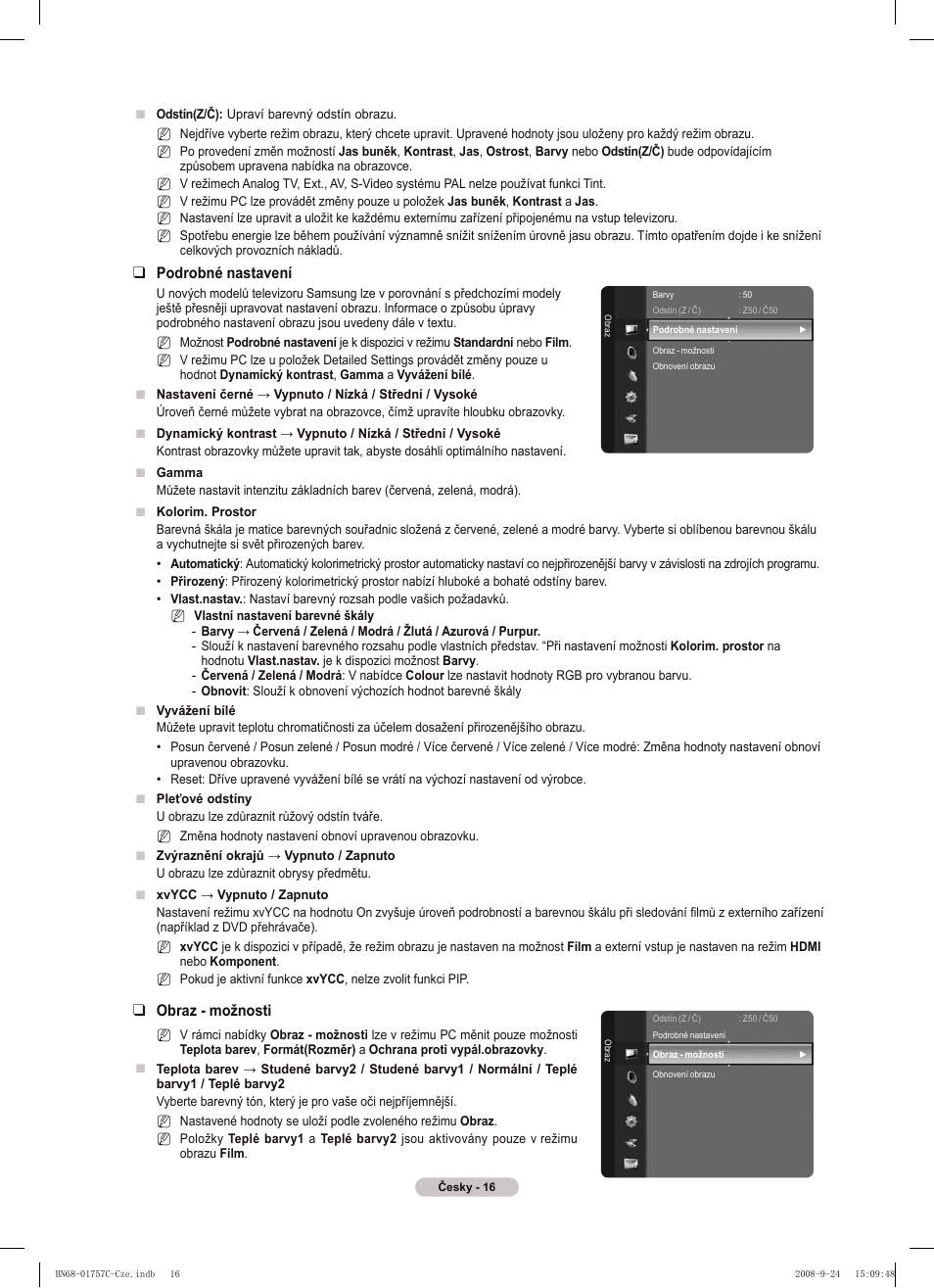 Podrobné nastavení, Obraz - možnosti | Samsung PS50A756T1M User Manual | Page 332 / 503