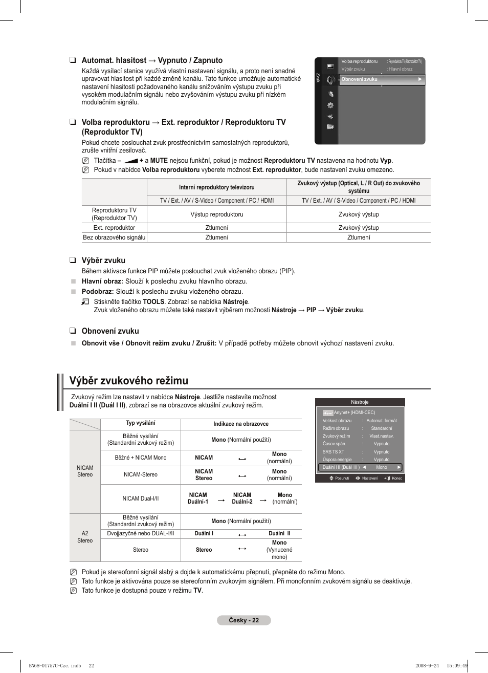 Výběr zvukového režimu, Automat. hlasitost → vypnuto / zapnuto, Výběr zvuku | Obnovení zvuku | Samsung PS50A756T1M User Manual | Page 338 / 503