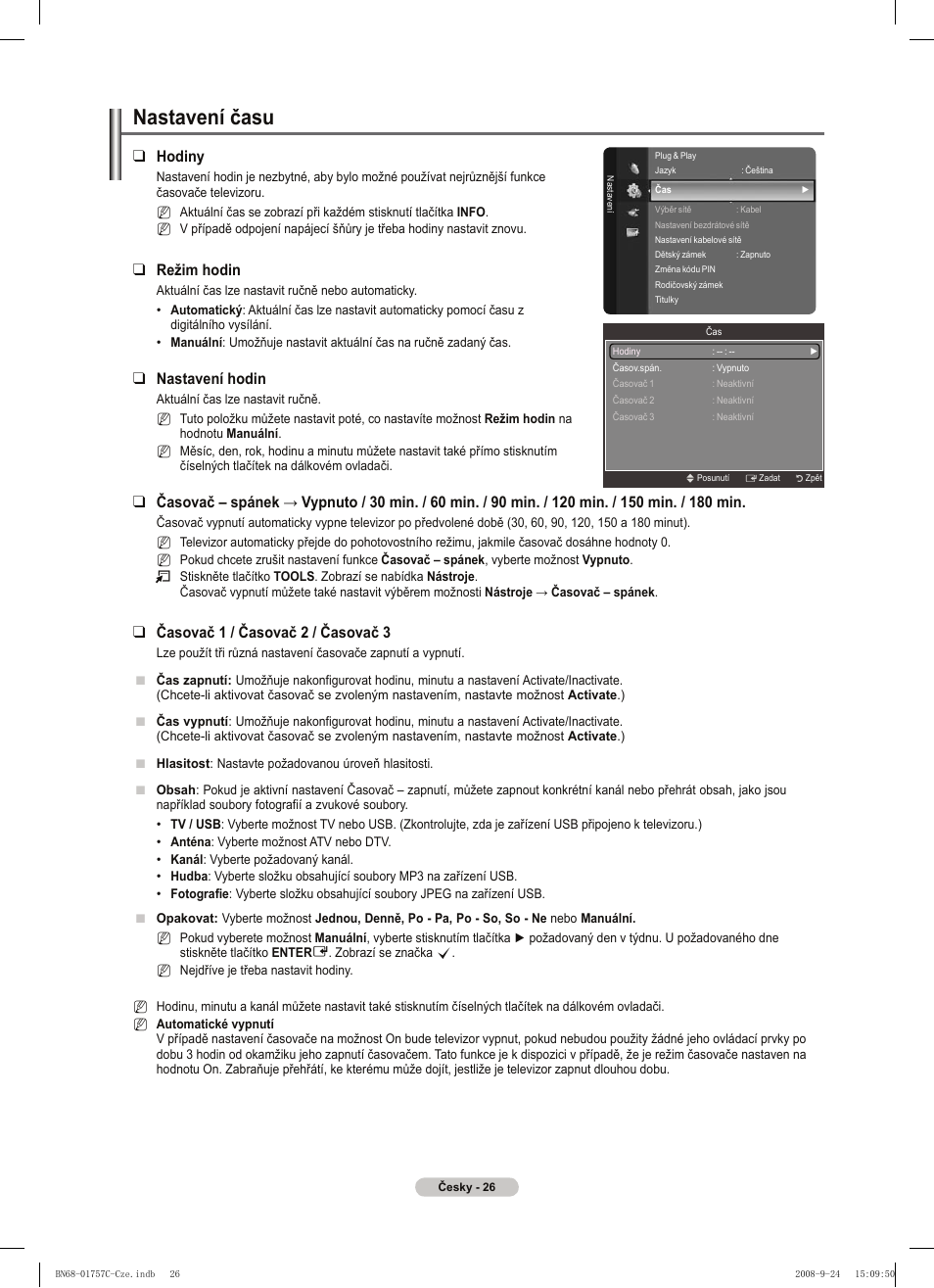 Nastavení času, Hodiny, Režim hodin | Nastavení hodin, Časovač 1 / časovač  / časovač 3 | Samsung PS50A756T1M User Manual | Page 342 / 503