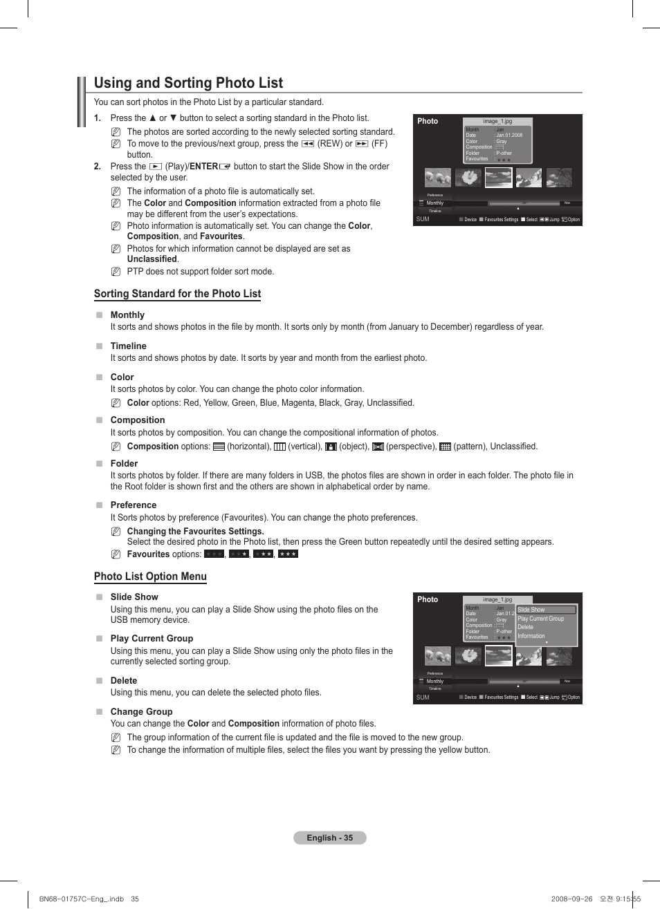 Using and sorting photo list, Sorting standard for the photo list, Photo list option menu | Samsung PS50A756T1M User Manual | Page 35 / 503
