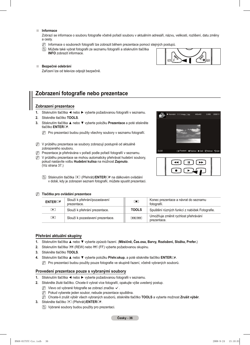 Zobrazení fotografie nebo prezentace, Zobrazení prezentace, Přehrání aktuální skupiny | Provedení prezentace pouze s vybranými soubory | Samsung PS50A756T1M User Manual | Page 352 / 503