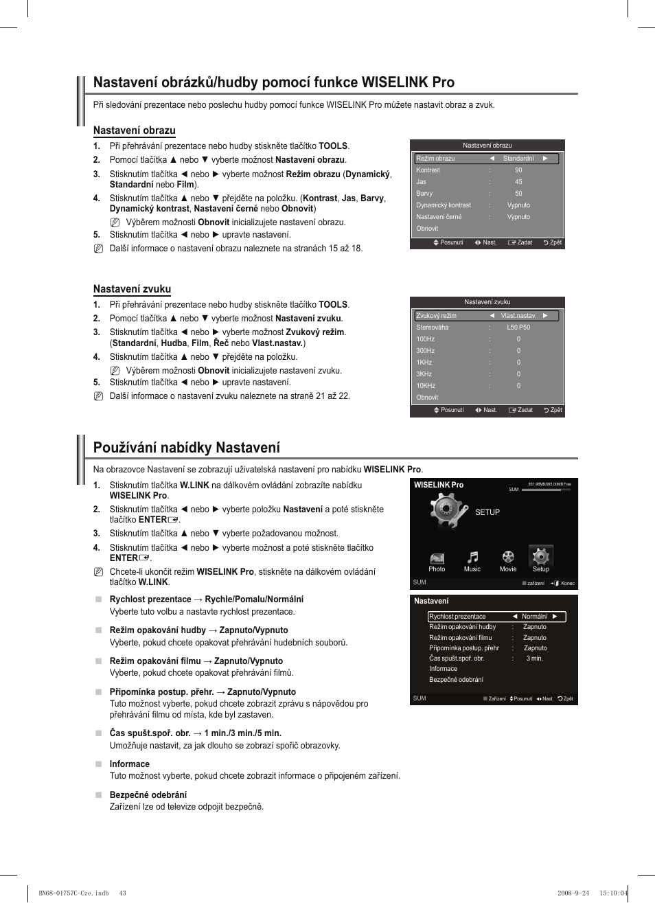 Nastavení obrázků/hudby pomocí funkce wiselink pro, Používání nabídky nastavení, Nastavení obrazu | Nastavení zvuku | Samsung PS50A756T1M User Manual | Page 359 / 503