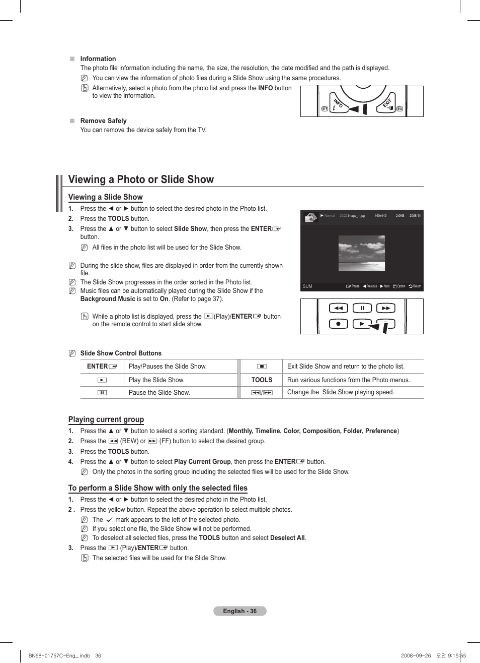 Viewing a photo or slide show, Viewing a slide show, Playing current group | Samsung PS50A756T1M User Manual | Page 36 / 503