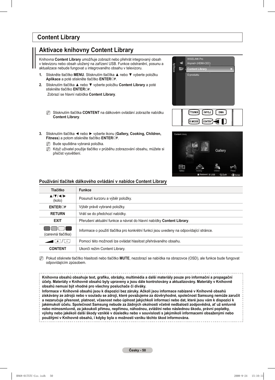 Aktivace knihovny content library, Content library | Samsung PS50A756T1M User Manual | Page 366 / 503
