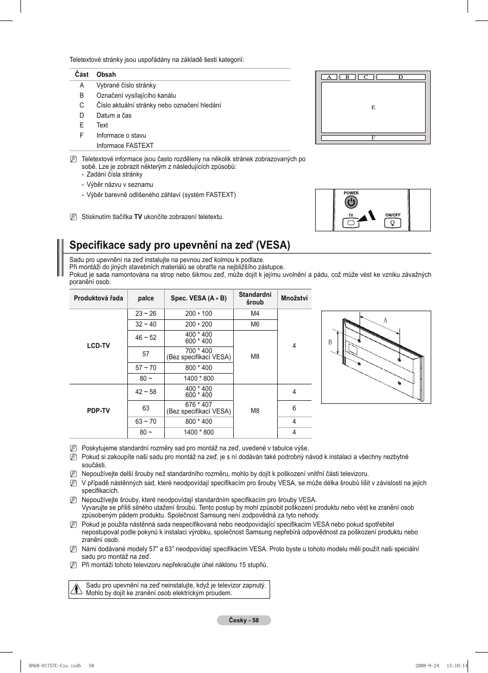 Specifikace sady pro upevnění na zeď (vesa) | Samsung PS50A756T1M User Manual | Page 374 / 503
