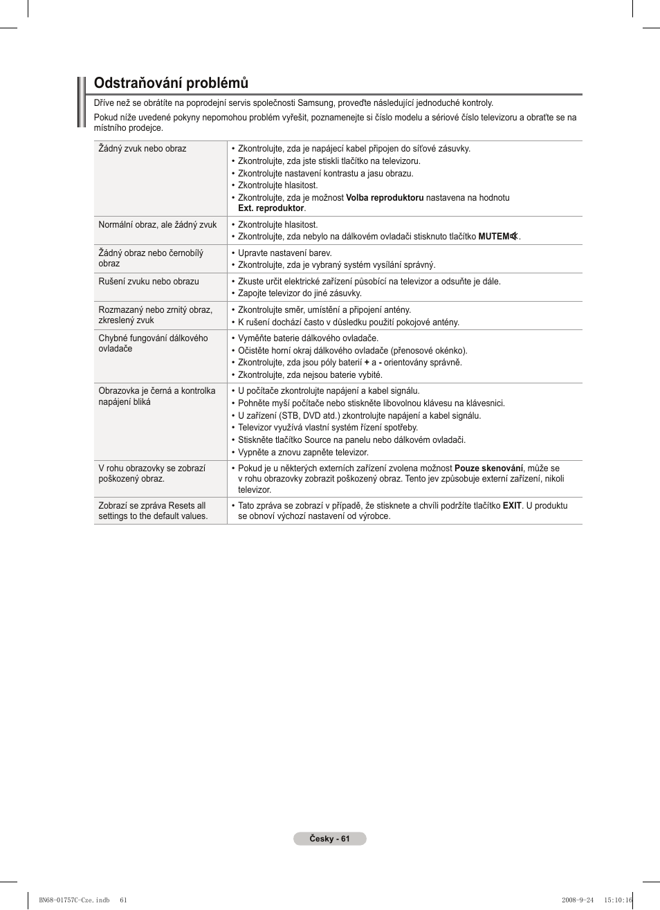 Odstraňování problémů | Samsung PS50A756T1M User Manual | Page 377 / 503