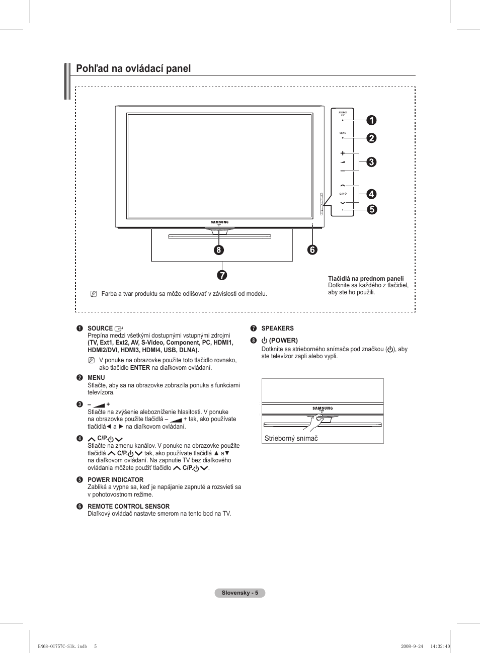 Pohľad na ovládací panel | Samsung PS50A756T1M User Manual | Page 383 / 503