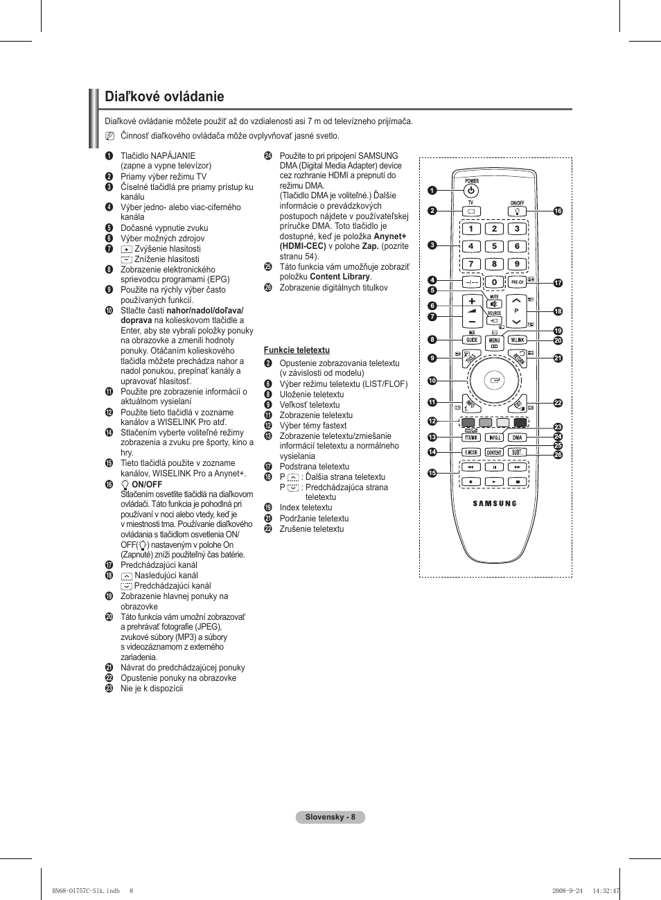 Diaľkové ovládanie | Samsung PS50A756T1M User Manual | Page 386 / 503