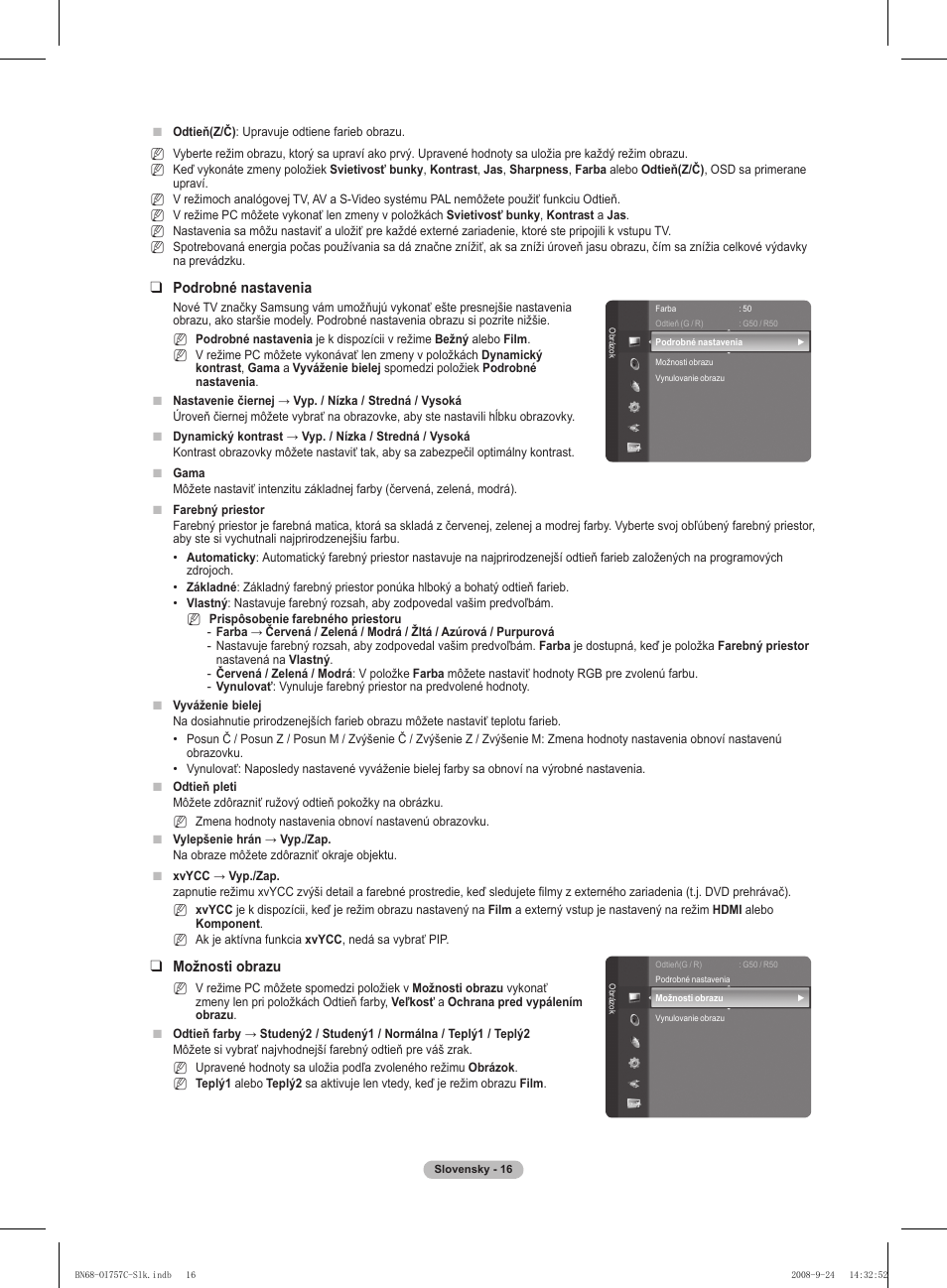 Podrobné nastavenia, Možnosti obrazu | Samsung PS50A756T1M User Manual | Page 394 / 503