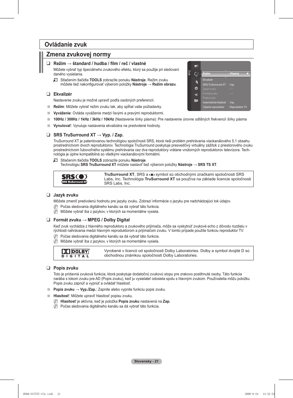 Zmena zvukovej normy, Ovládanie zvuk | Samsung PS50A756T1M User Manual | Page 399 / 503