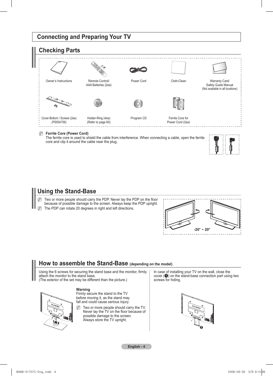 How to assemble the stand-base, Checking parts | Samsung PS50A756T1M User Manual | Page 4 / 503