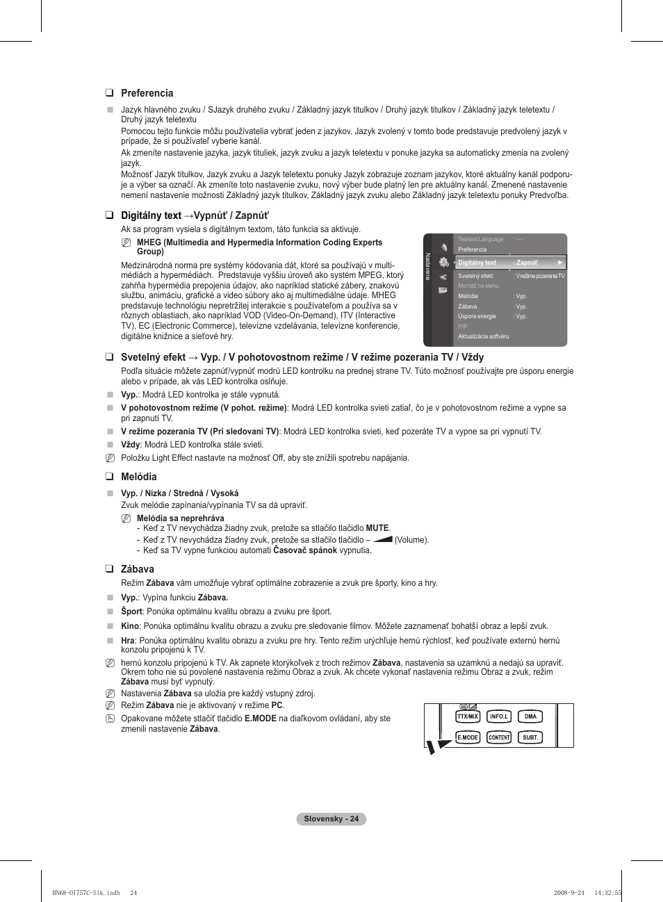 Preferencia, Digitálny text →vypnúť / zapnúť, Melódia | Zábava | Samsung PS50A756T1M User Manual | Page 402 / 503