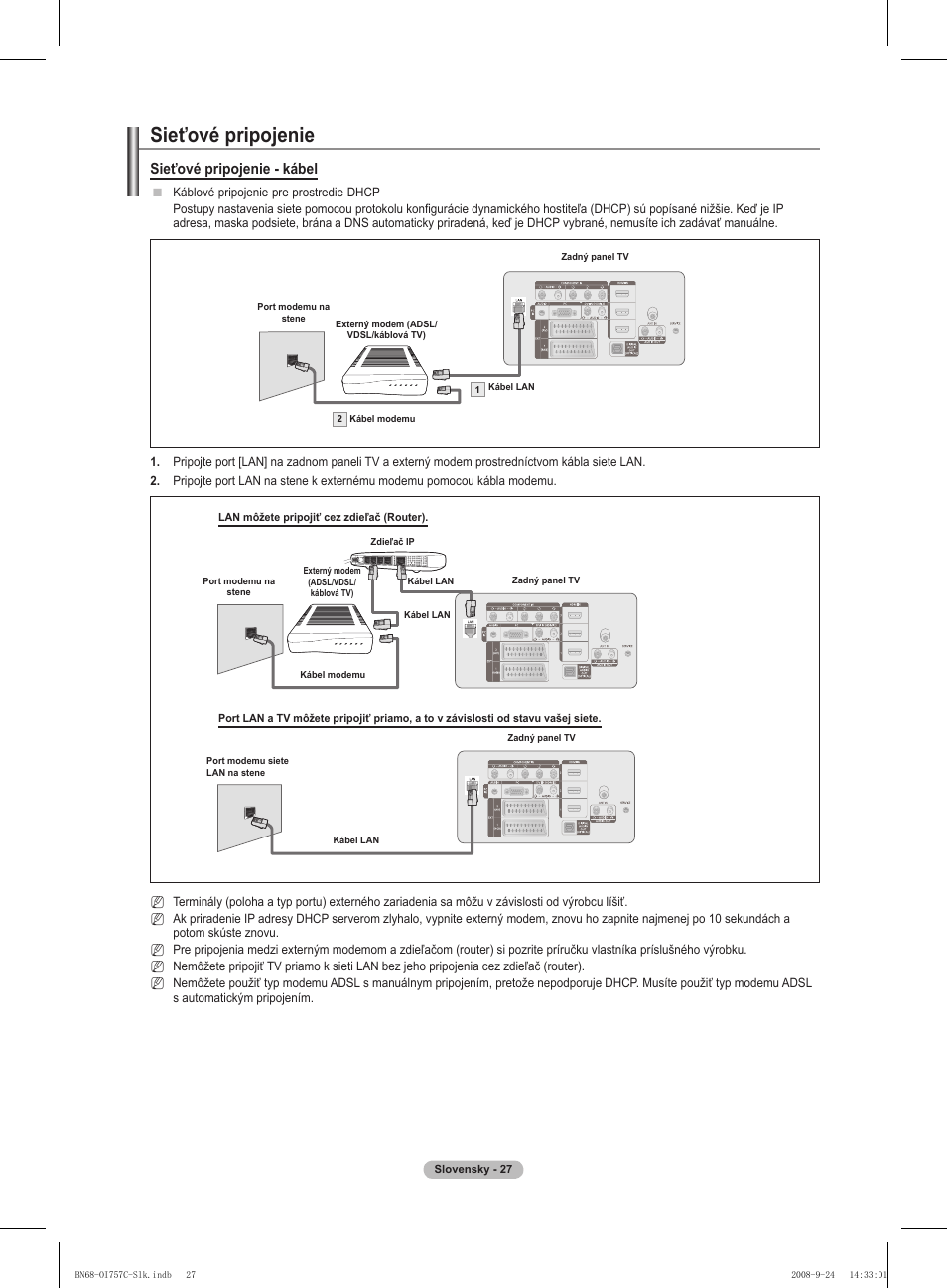 Sieťové pripojenie, Sieťové pripojenie - kábel | Samsung PS50A756T1M User Manual | Page 405 / 503