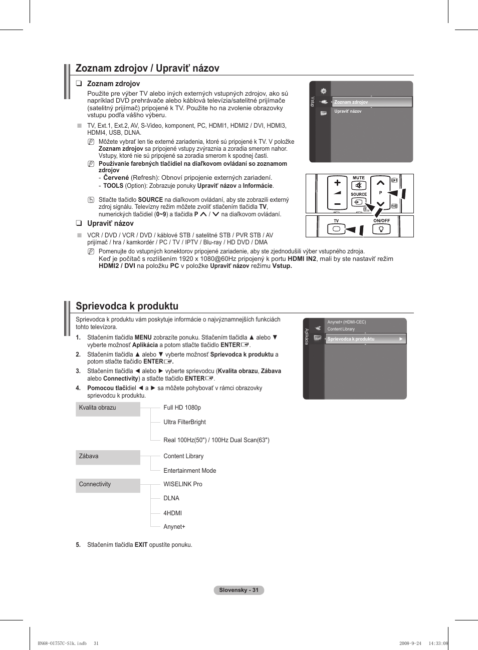 Sprievodca k produktu, Zoznam zdrojov / upraviť názov | Samsung PS50A756T1M User Manual | Page 409 / 503