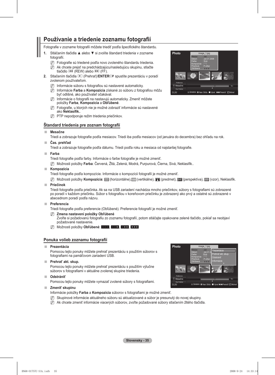 Používanie a triedenie zoznamu fotografií, Štandard triedenia pre zoznam fotografií, Ponuka volieb zoznamu fotografií | Samsung PS50A756T1M User Manual | Page 413 / 503