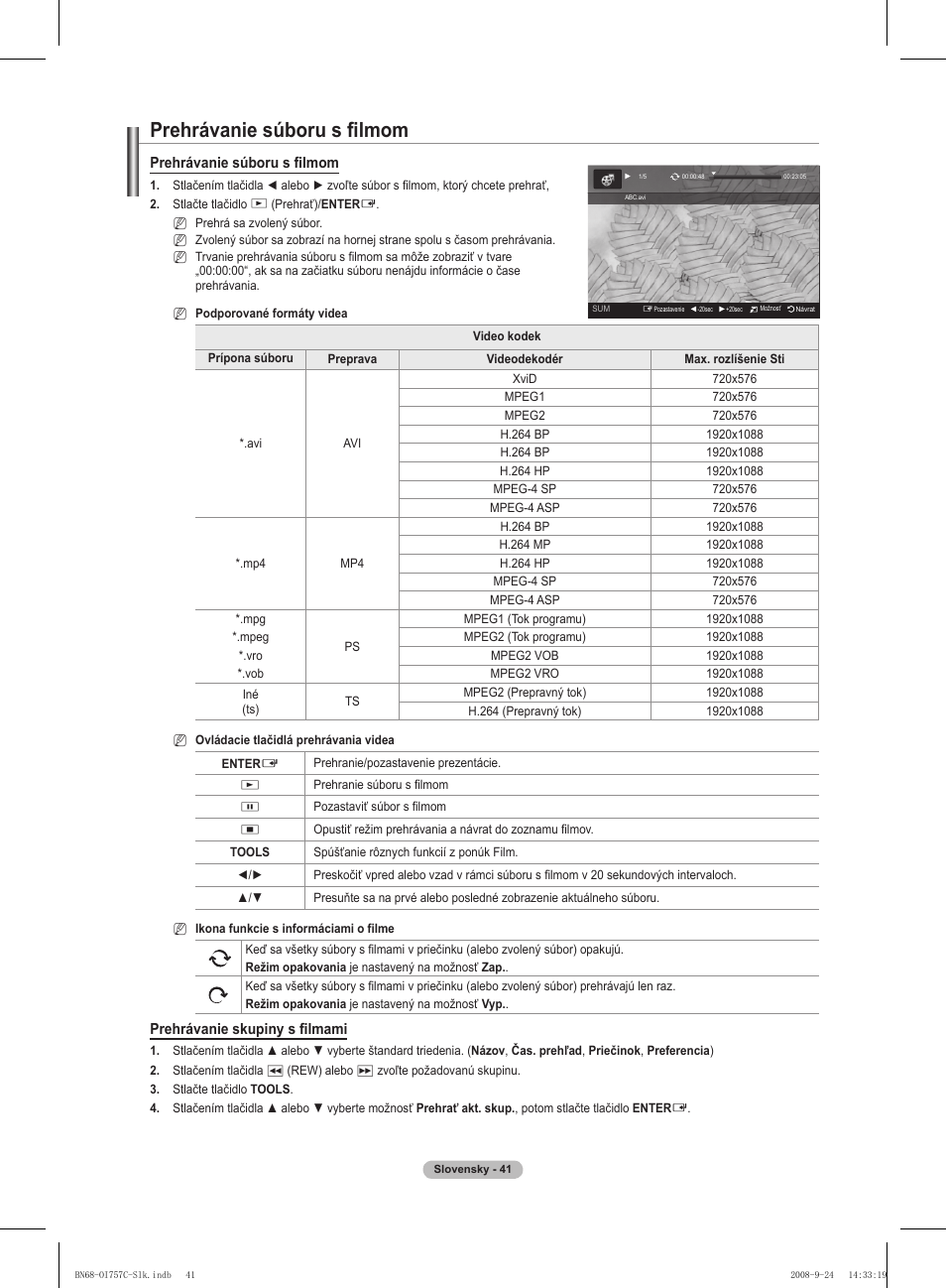 Prehrávanie súboru s fi lmom, Prehrávanie skupiny s fi lmami | Samsung PS50A756T1M User Manual | Page 419 / 503