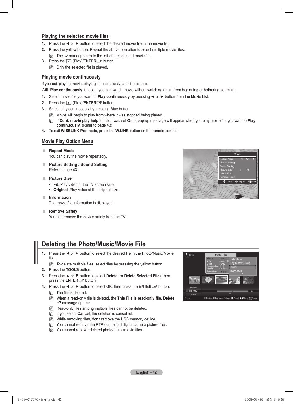 Deleting the photo/music/movie file, Playing the selected movie files, Playing movie continuously | Movie play option menu | Samsung PS50A756T1M User Manual | Page 42 / 503