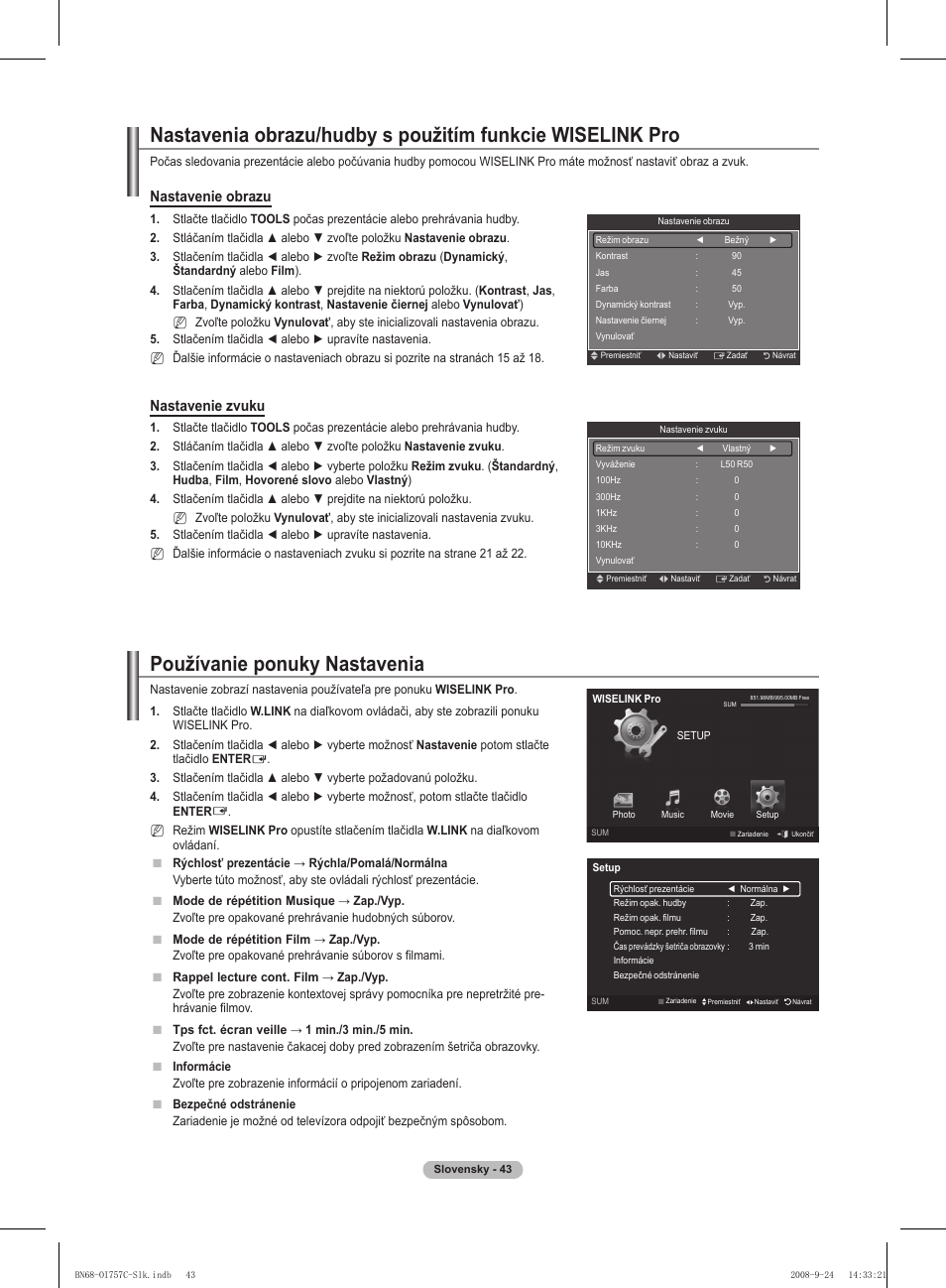 Používanie ponuky nastavenia, Nastavenie obrazu, Nastavenie zvuku | Samsung PS50A756T1M User Manual | Page 421 / 503