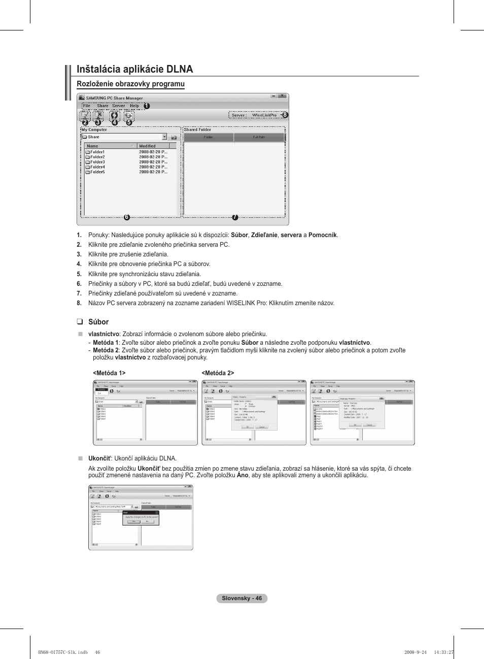 Inštalácia aplikácie dlna, Rozloženie obrazovky programu, Súbor | Samsung PS50A756T1M User Manual | Page 424 / 503