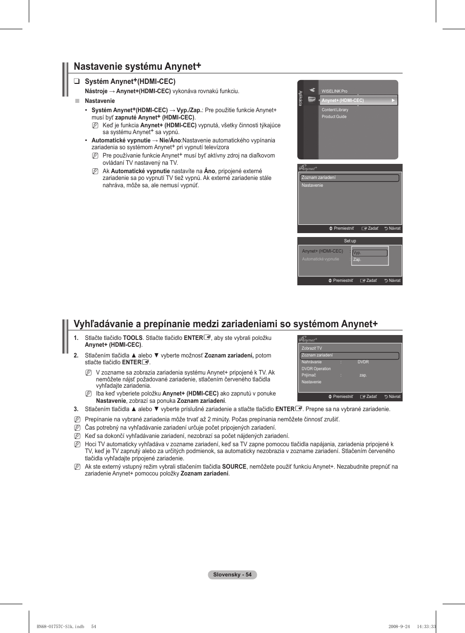 Nastavenie systému anynet, Systém anynet+(hdmi-cec) | Samsung PS50A756T1M User Manual | Page 432 / 503