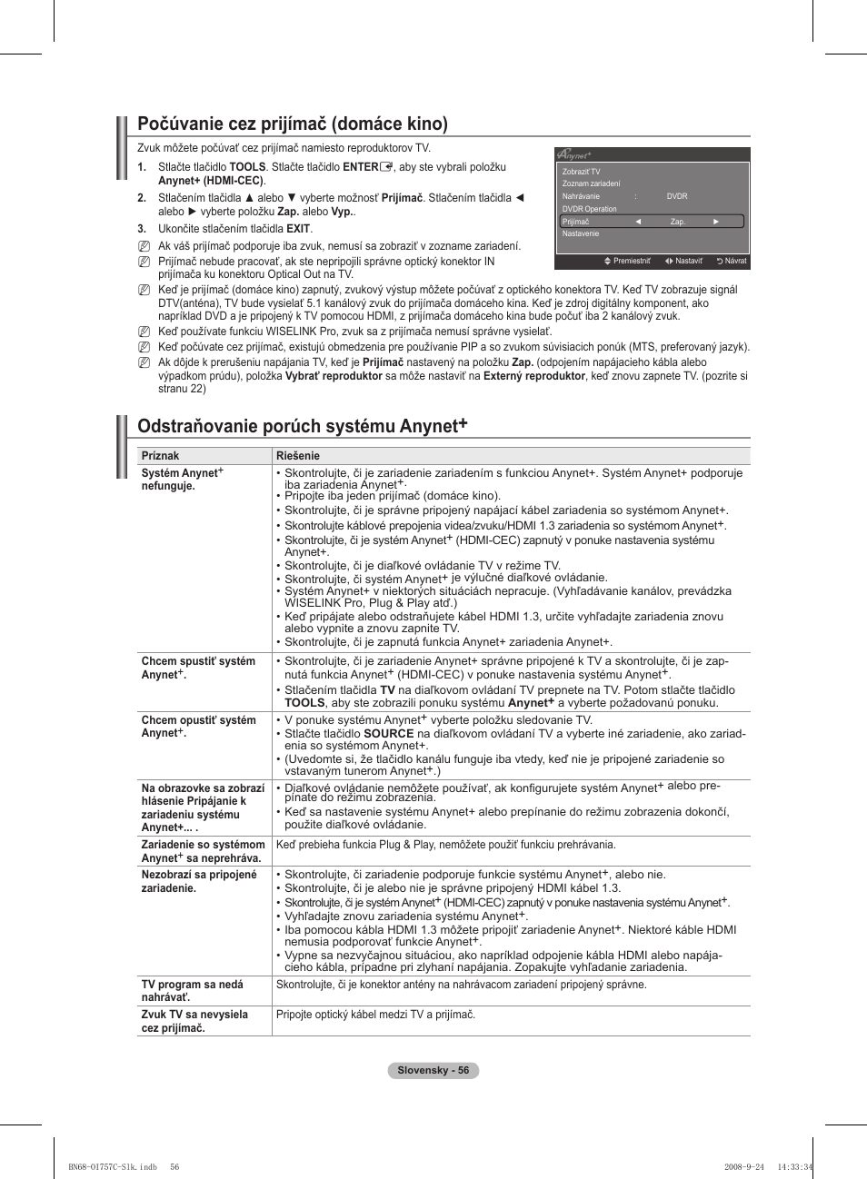 Počúvanie cez prijímač (domáce kino), Odstraňovanie porúch systému anynet | Samsung PS50A756T1M User Manual | Page 434 / 503