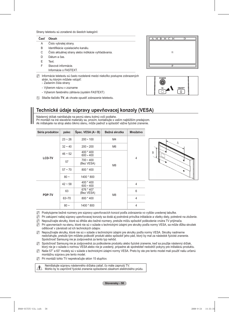 Technické údaje súpravy upevňovacej konzoly (vesa) | Samsung PS50A756T1M User Manual | Page 436 / 503