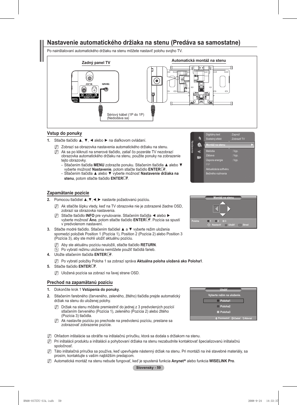 Zapamätanie pozície, Prechod na zapamätanú pozíciu, Vstup do ponuky | Samsung PS50A756T1M User Manual | Page 437 / 503