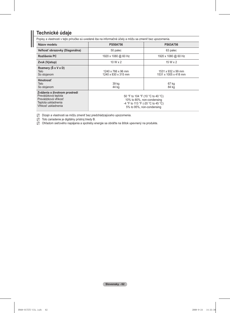 Technické údaje | Samsung PS50A756T1M User Manual | Page 440 / 503